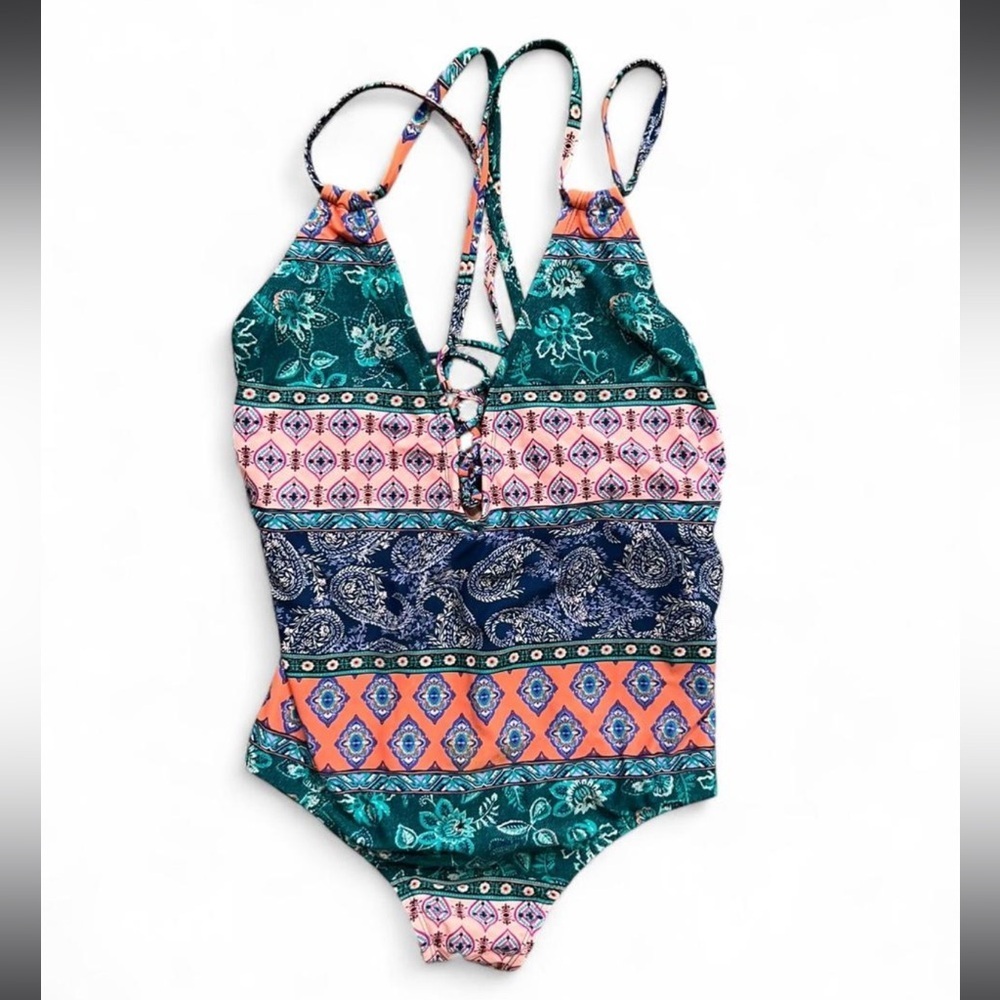 Multi-Color Paisley Patterned One-Piece Swimsuit Size 1X